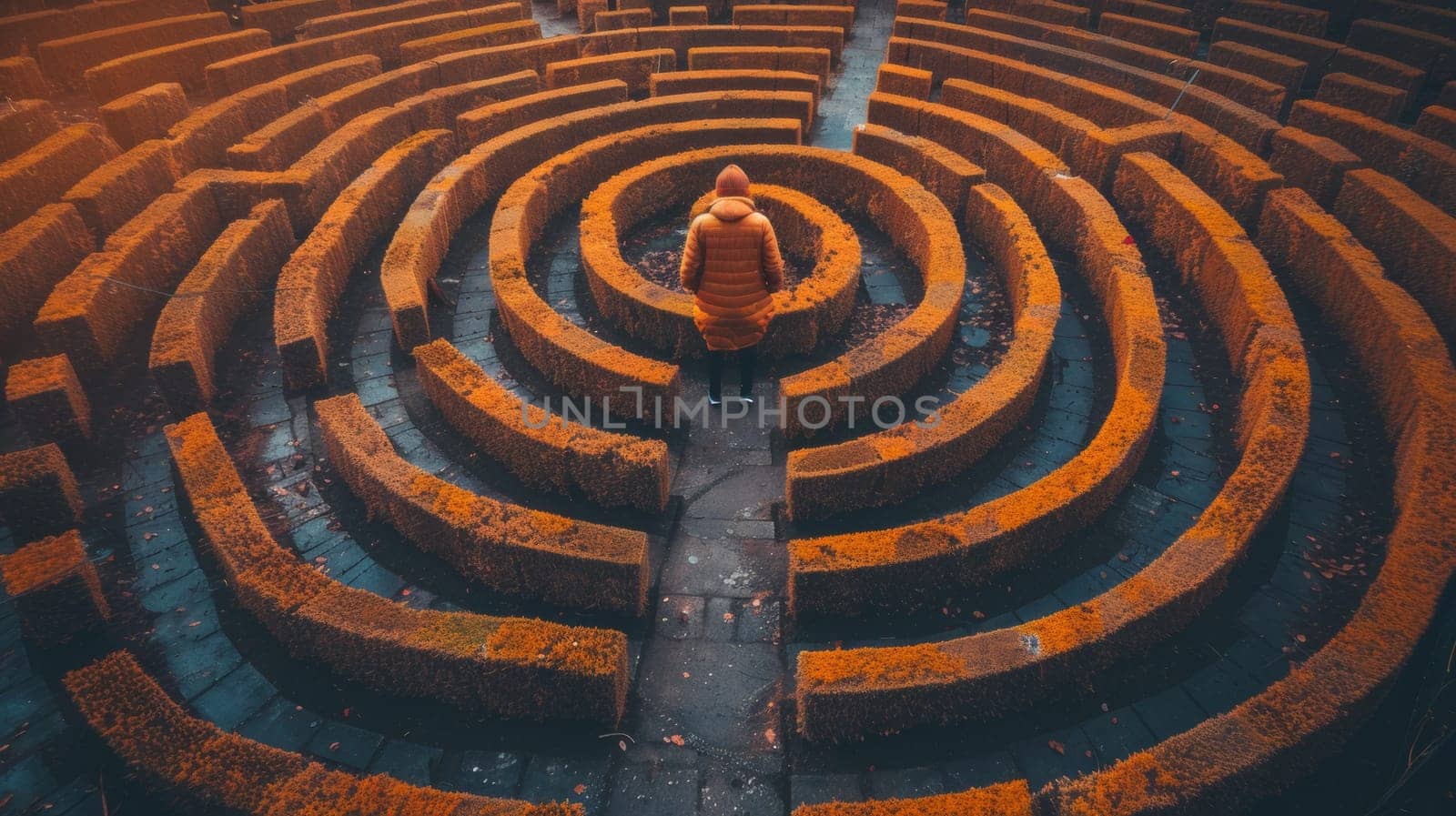A person standing in a maze of orange and brown bricks