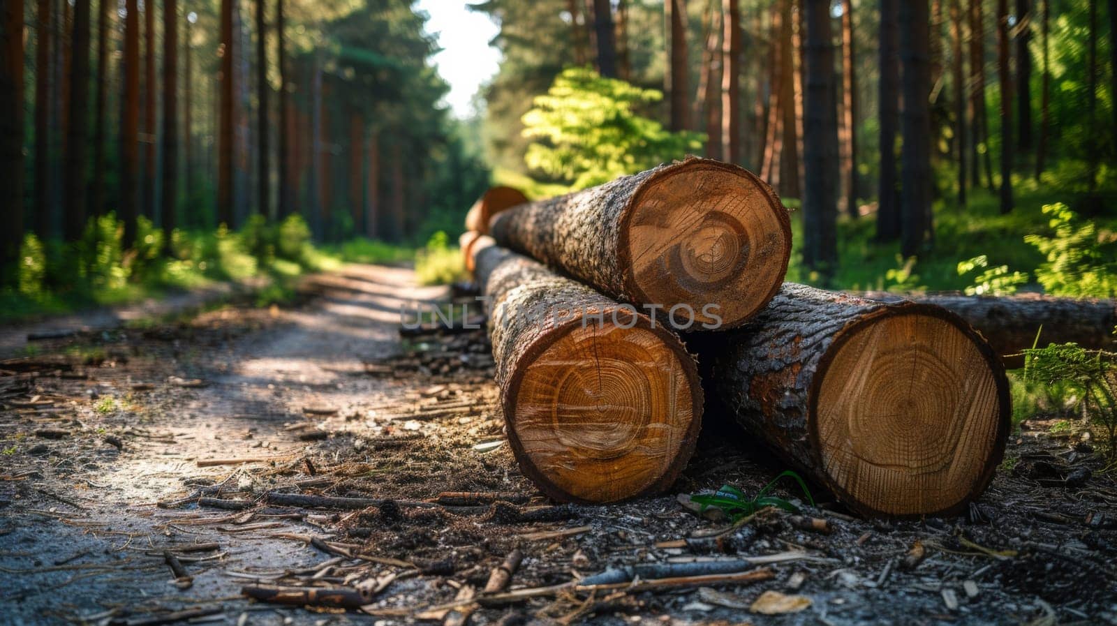 A group of three logs sitting on a dirt road in the woods