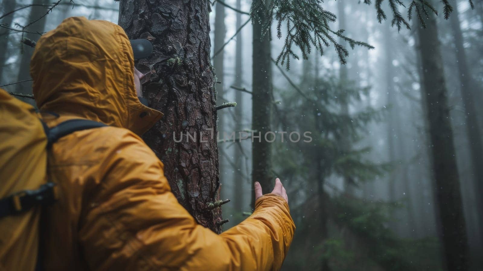 A man in yellow jacket standing next to a tree with rain falling
