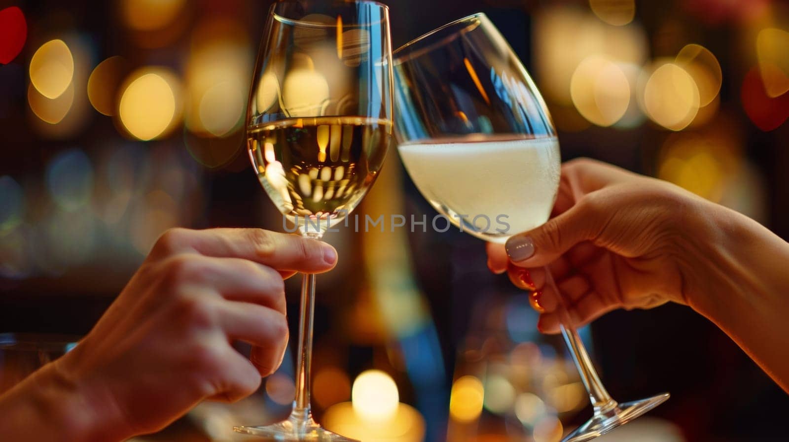 Two people holding wine glasses with a glass of white and red liquid
