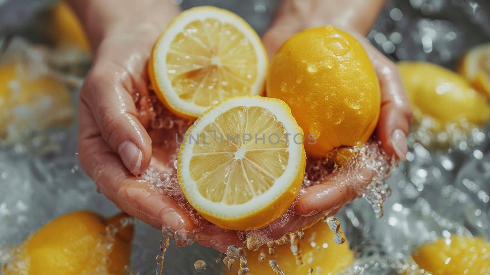 A person holding a lemon in their hands with water