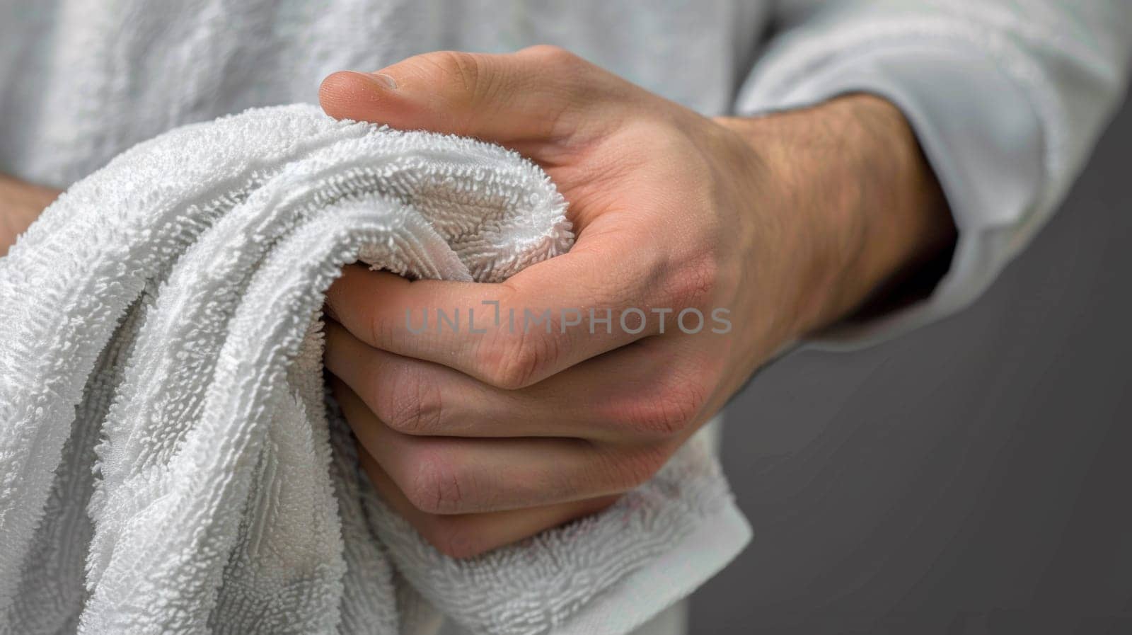A man holding a towel in his hands while standing