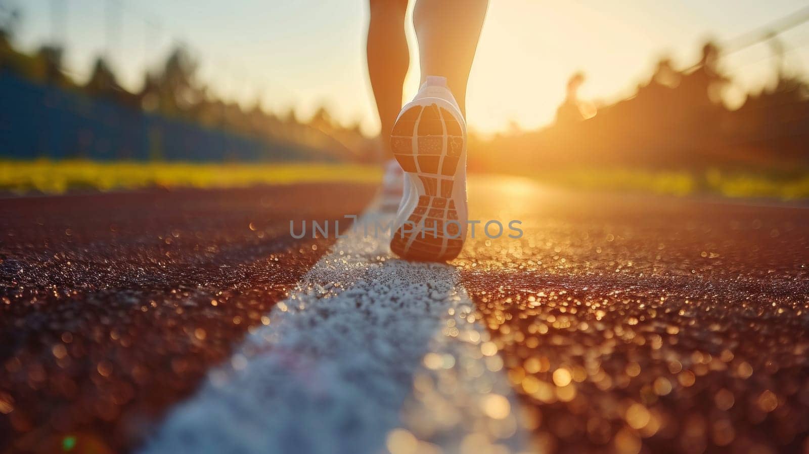 A person's feet are running on a track at sunset