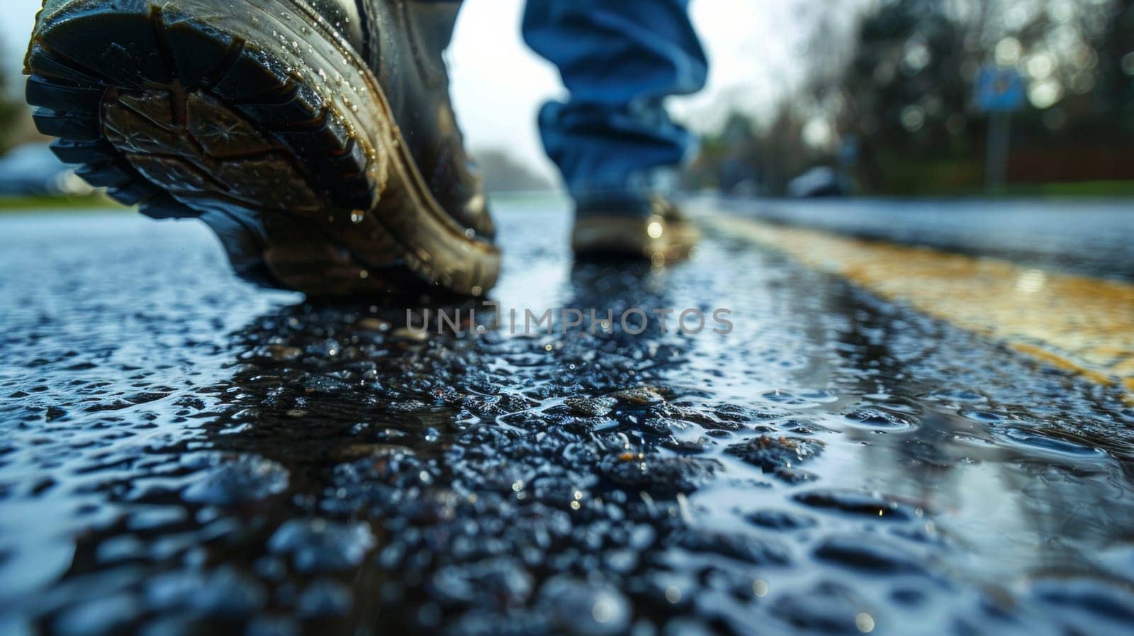 A person walking on a wet road with rain drops and puddles