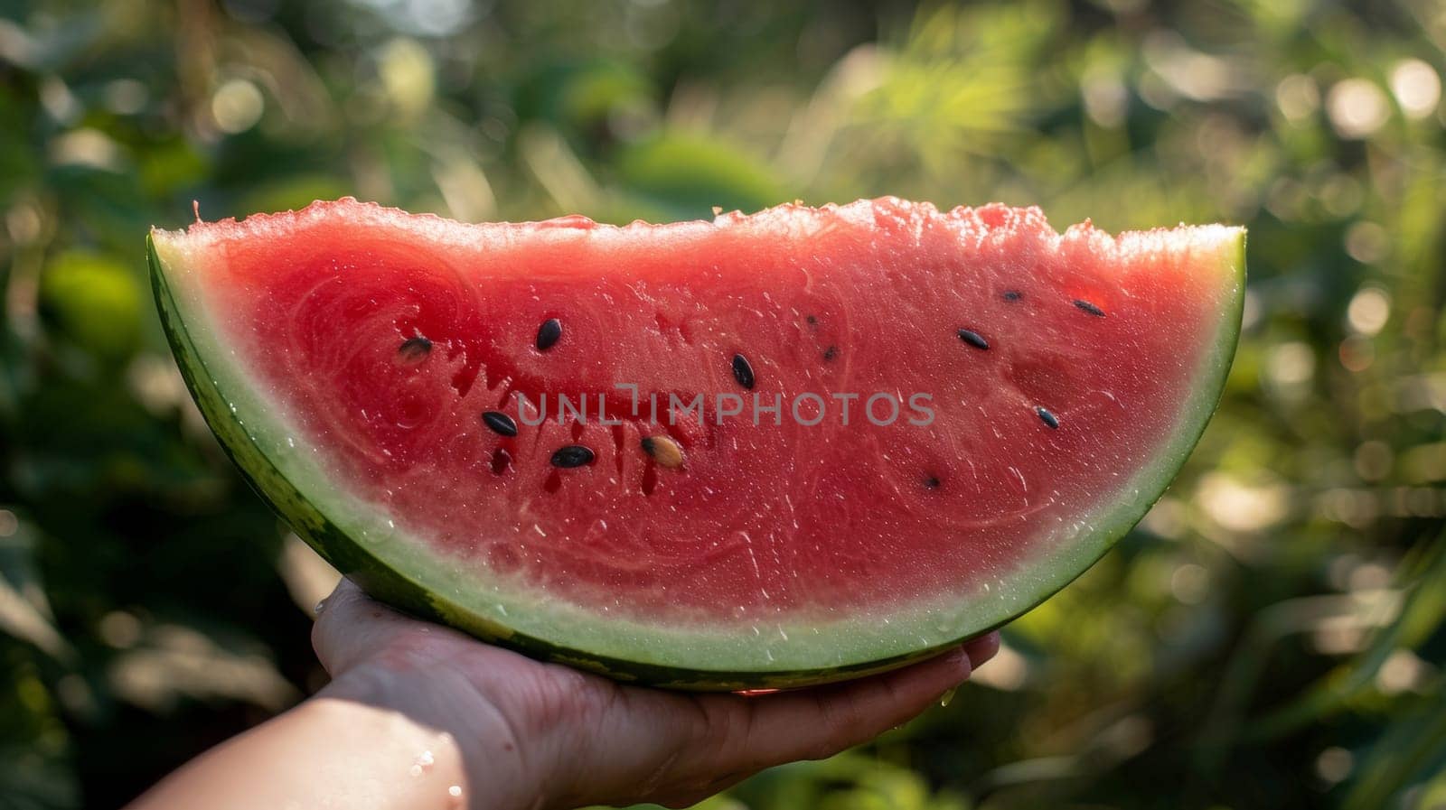 A person holding a slice of watermelon in their hand