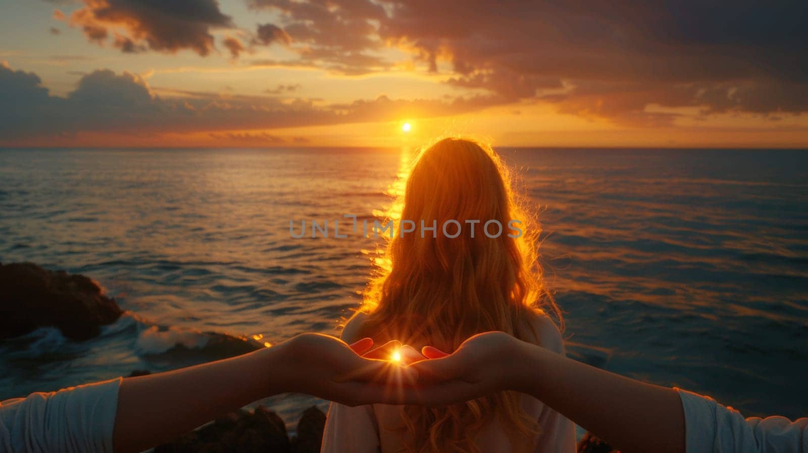 A woman holding hands with a sunset in the background