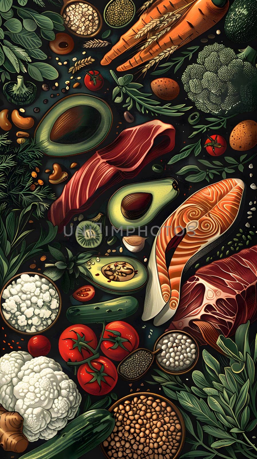 An illustration of a diverse array of fruits and vegetables in a vibrant painting, showcasing the beauty of natural foods through intricate patterns and artistic detail