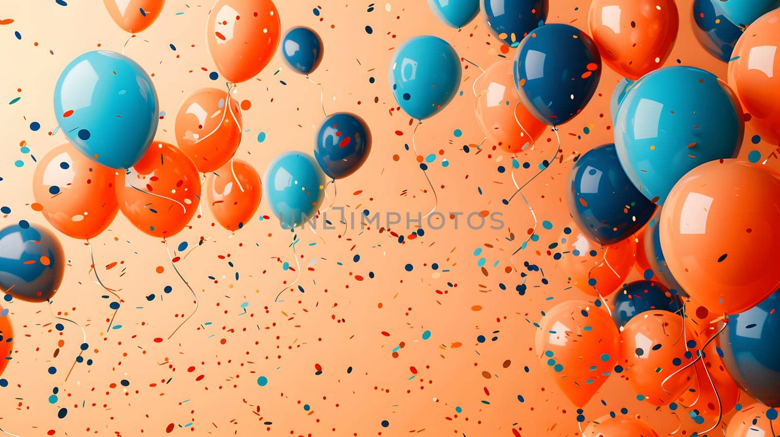 Vibrant orange and azure balloons, along with electric blue confetti, float in the air creating a colorful pattern. A festive organism of colorfulness and recreation in the sky