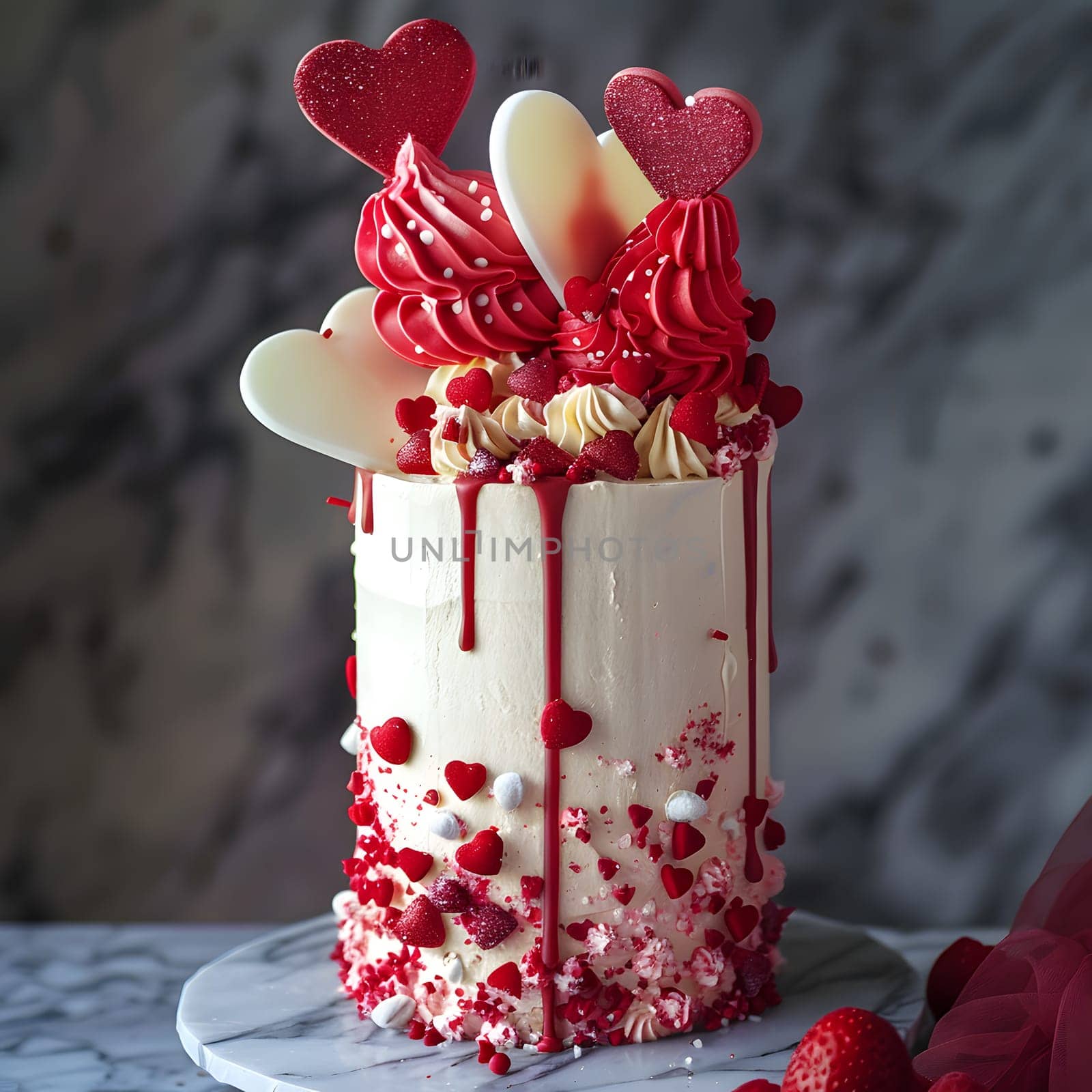 White sugar cake with red frosting, heart decorations, and sweet petals on top by Nadtochiy