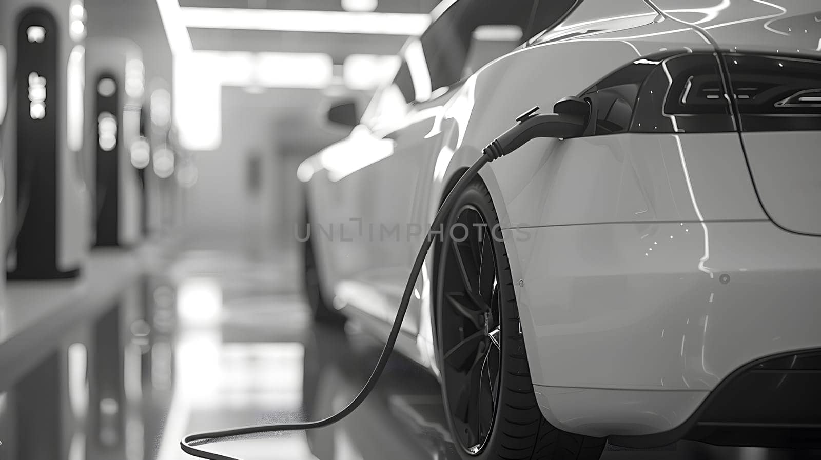 A monochrome image of a white electric car getting charged at a station. The vehicles sleek design, alloy wheels, and automotive lighting make it stand out