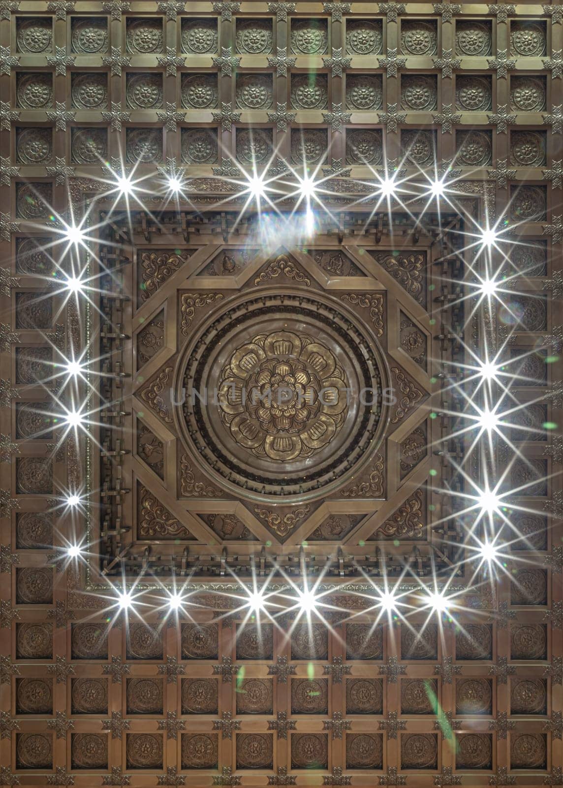 Bangkok, Thailand - Apr 11, 2024 - Decorative sculptures on ceiling interior the Buddhism church of Fo Guang Shan Thaihua Temple is famous place. Taiwanese temple style, Copy space, Selective focus.