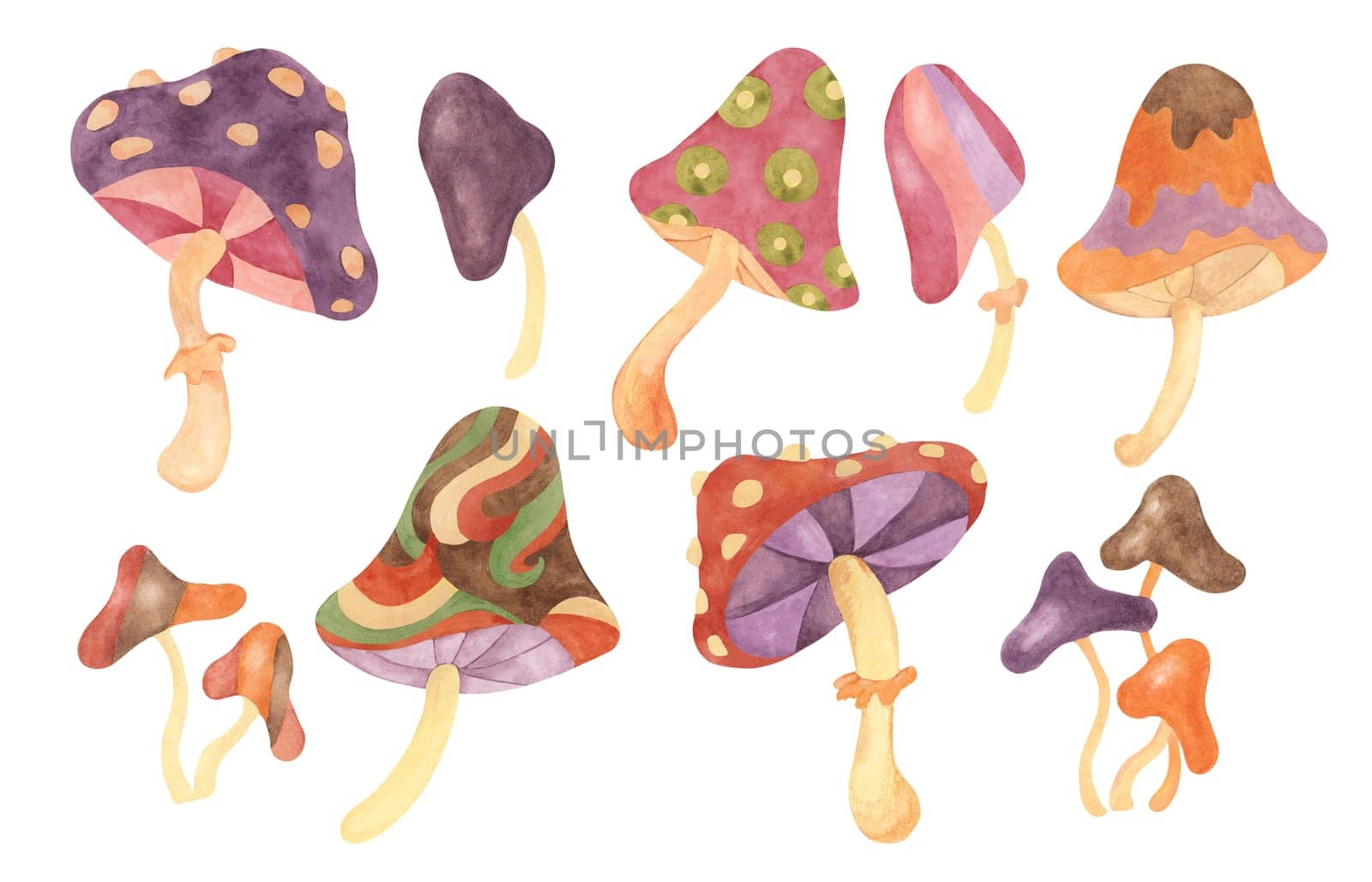 Hippie psychedelic magic mushroom in 70s style. Vintage groovy fungi nostalgic clipart. Watercolor fairytale fly agaric funky illustration for printing, trippy stickers, flyers, indie t-shirts, labels