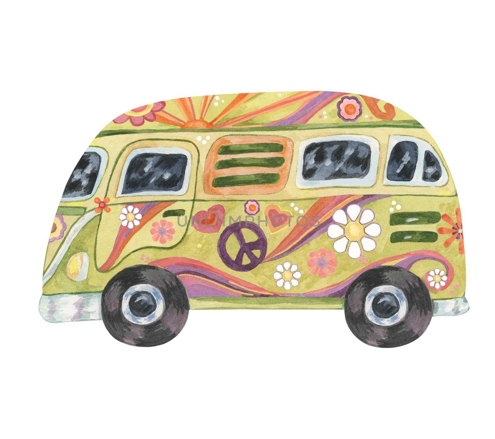 Hippie vintage camper van with flowers. Groovy green retro bus car, peace sign road trip. Watercolor in cartoon style for stickers, flyers, print by Fofito