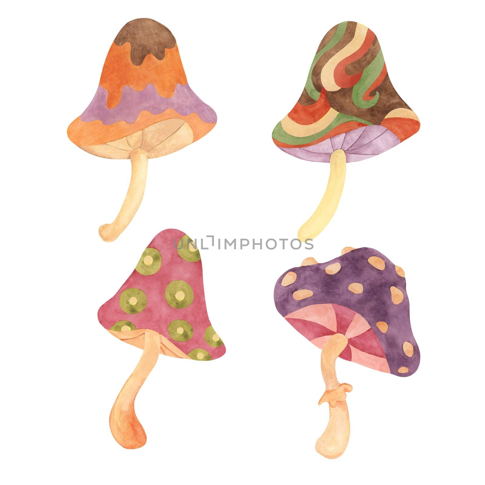 Hippie psychedelic magic mushroom in 70s style. Vintage groovy fungi nostalgic clipart. Watercolor fairytale fly agaric funky illustration for printing, trippy stickers, flyers, indie t-shirts, labels