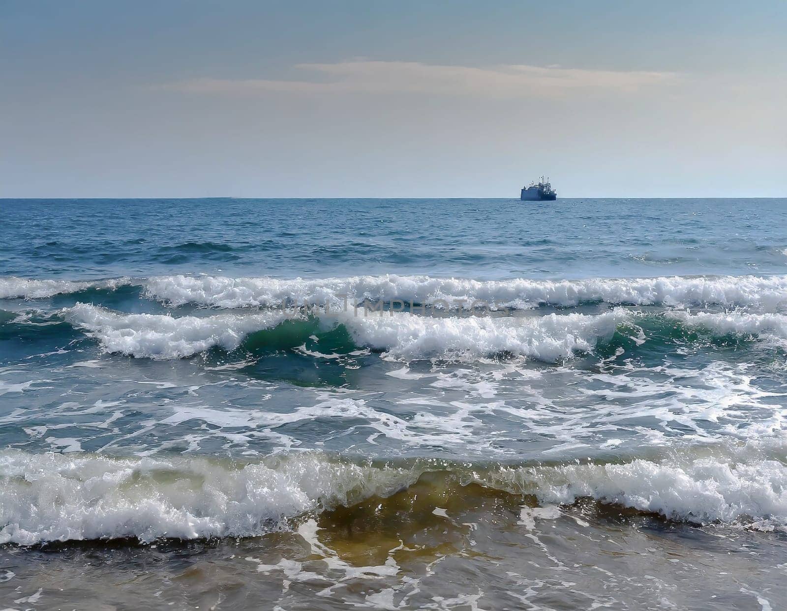 three waves near the shore. a blurred ship on the horizon. Sea waves, water tide. sea ​​view. the waves are approaching the shore
