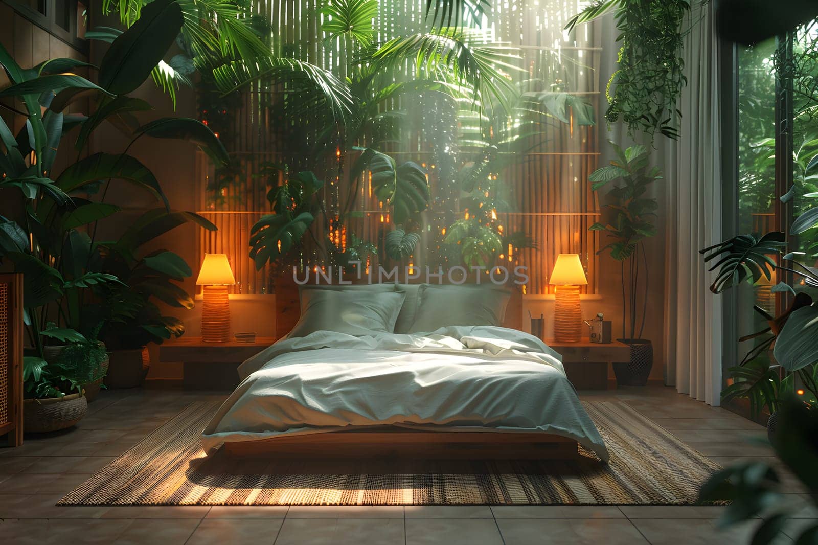 A room with a plethora of terrestrial plants creating a lush indoor landscape, complemented by a cozy wooden bed for a peaceful and natural interior design