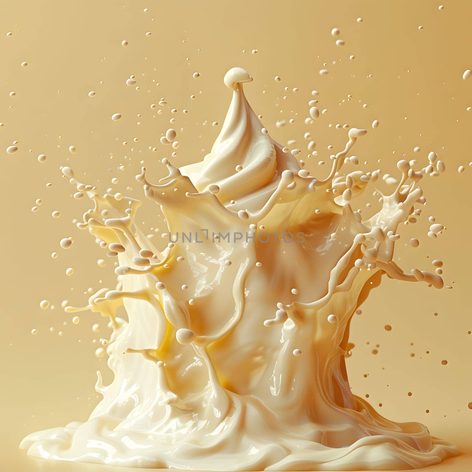 A mesmerizing macro photography image capturing a splash of white liquid against a vibrant yellow background, highlighting the fluidity and beauty of this culinary ingredient. A true art in cuisine