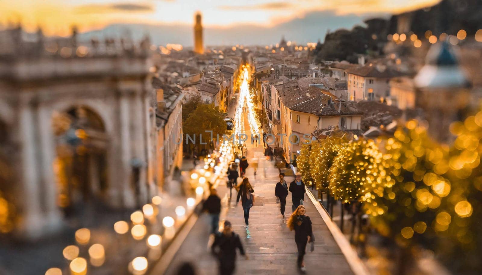 A busy city street with people walking and a bridge in the background. Scene is bustling and lively , rush commuting time AI generated