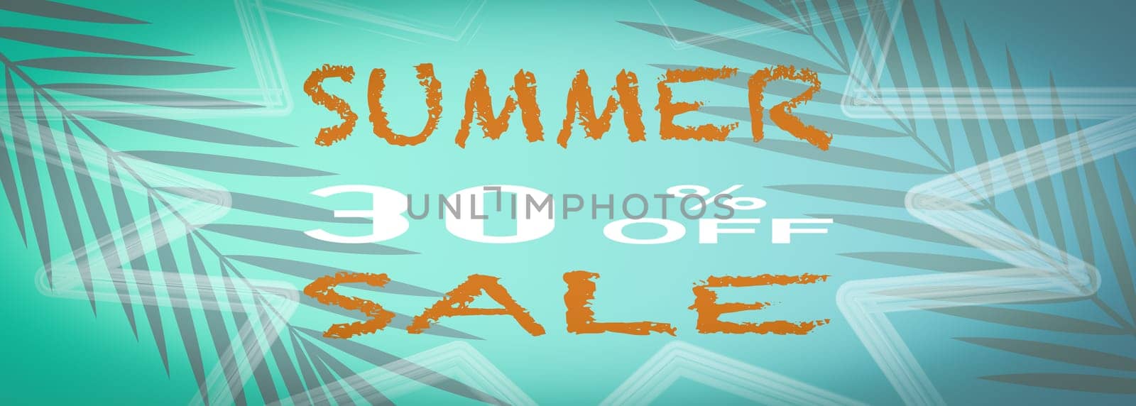 Banner summer sale, With a turquoise background with palm tree leaves.