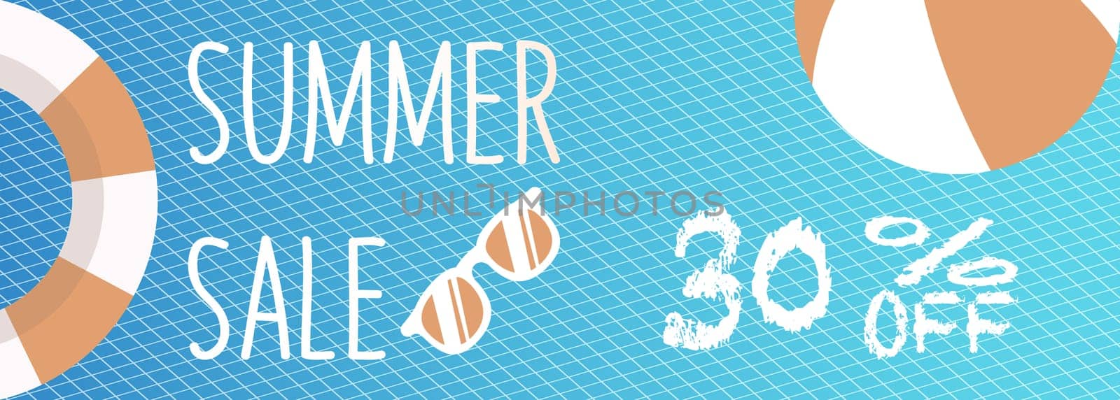 Banner for Summer sale discount. with summer related items in the background.