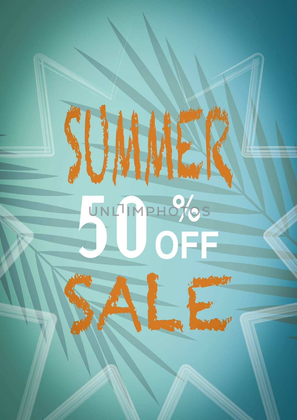 Banner summer sale, With a turquoise background with palm tree leaves.