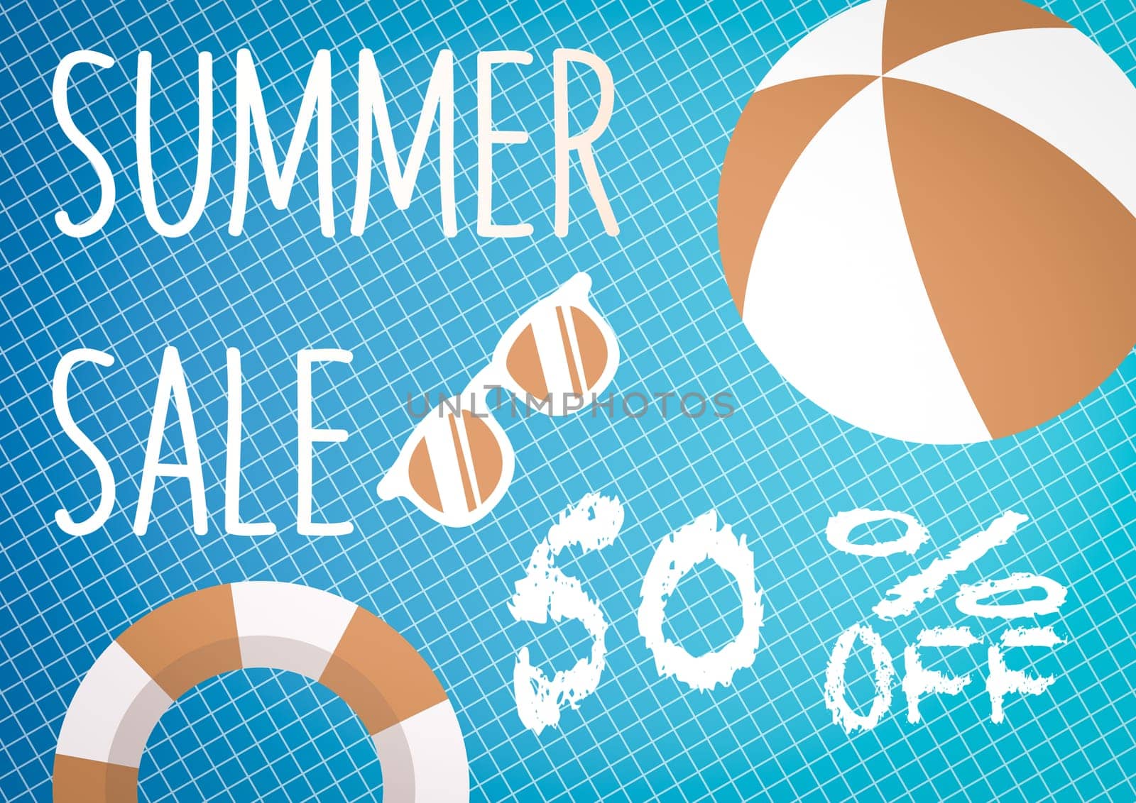 Banner for Summer sale discount. with summer related items in the background.
