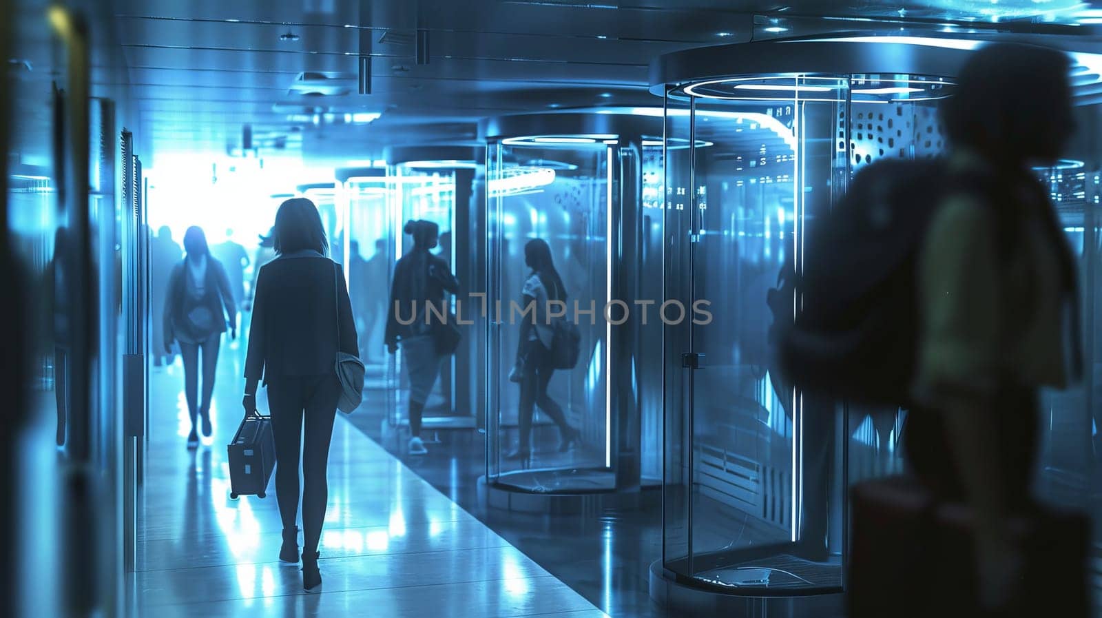 A group of people are walking through a large, brightly lit room. The room is filled with blue lights and the people are wearing backpacks. Scene is one of busyness and movement