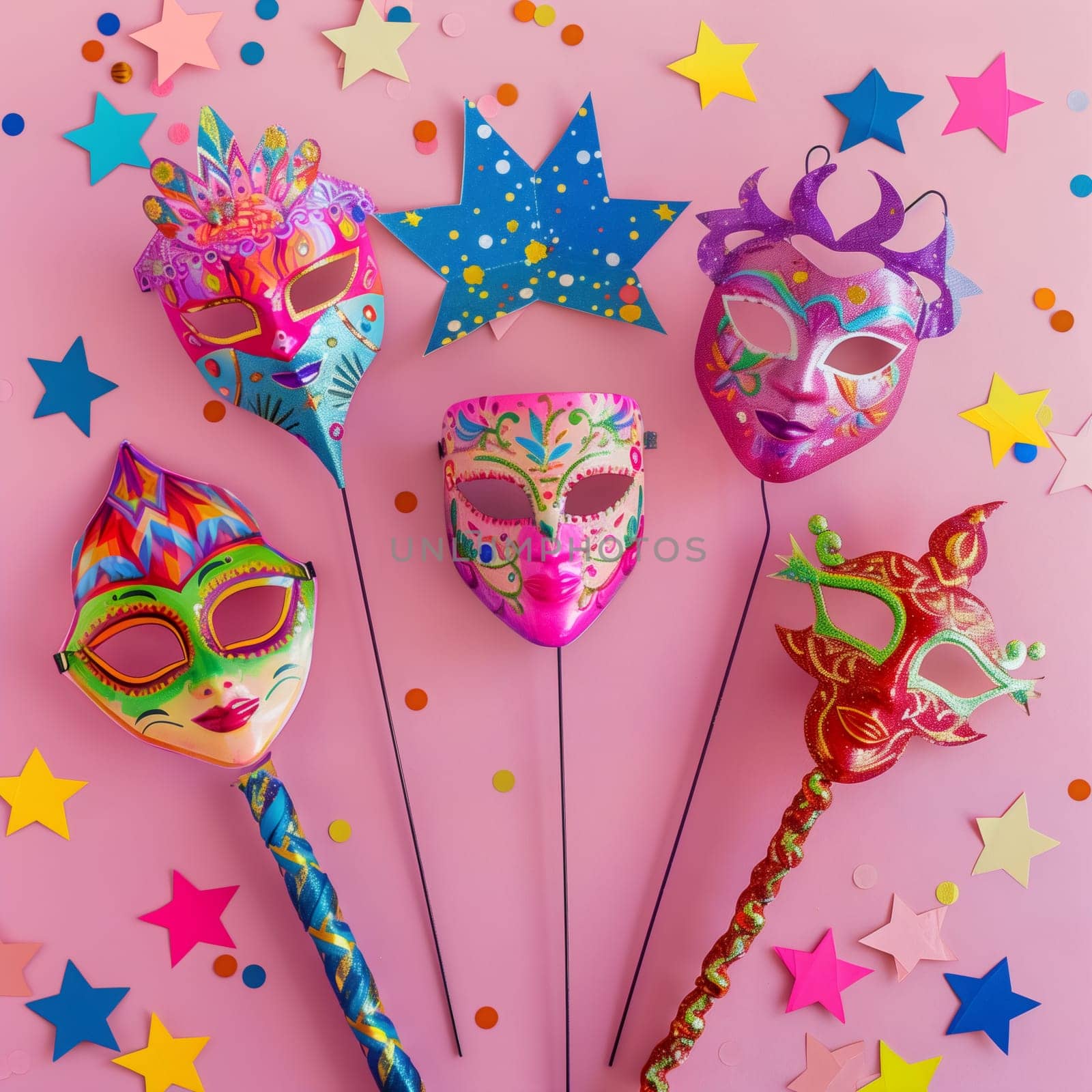 Five colorful masquerade masks on sticks, paper stars and scattered confetti on a pink background, flat lay close-up.