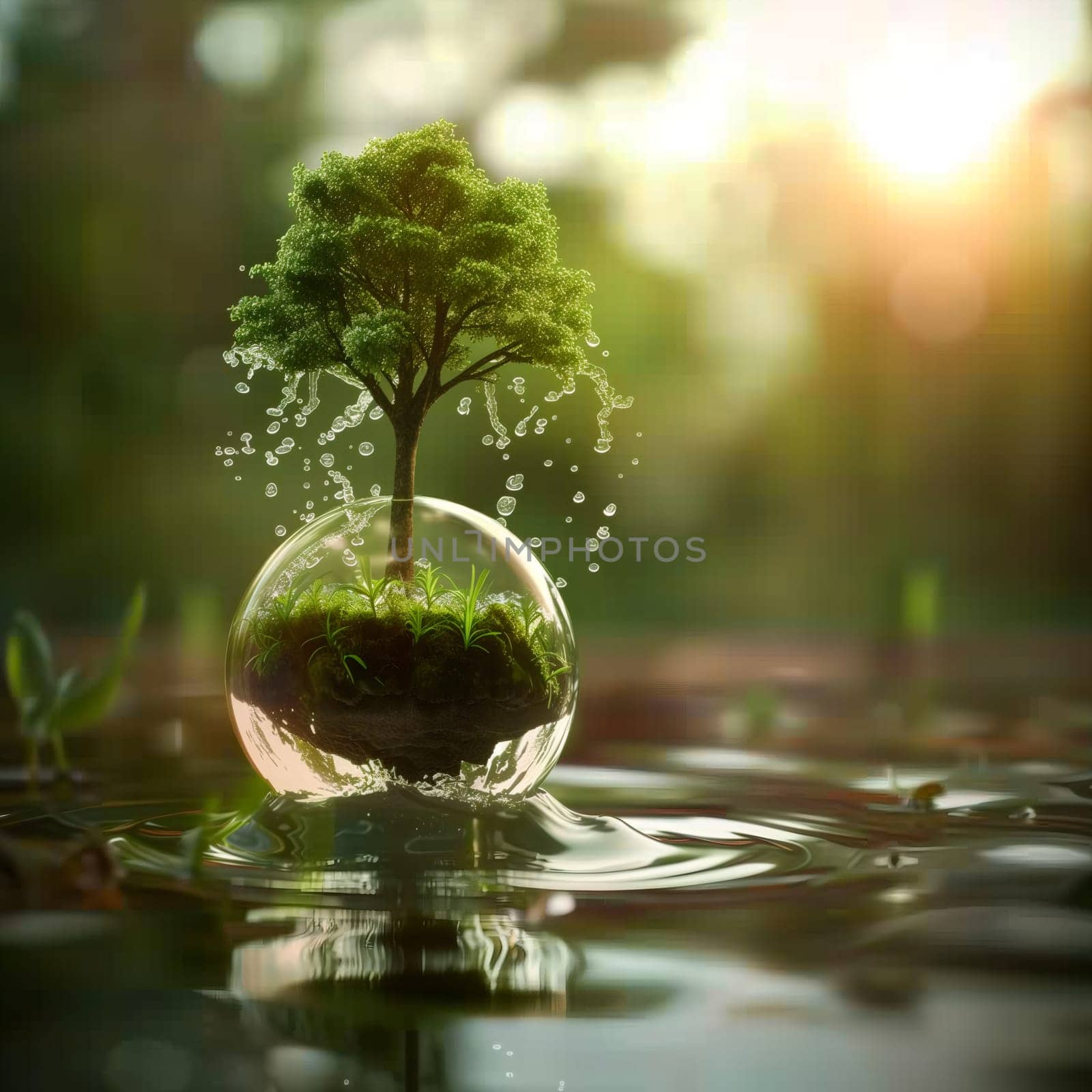 One glass ball with a tree and drops of water flowing from it against the backdrop of a blurry lake in the forest in the early morning, close-up side view.