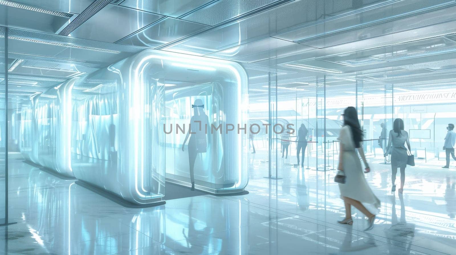 A group of people are walking through a large, brightly lit room. futuristic technology by itchaznong