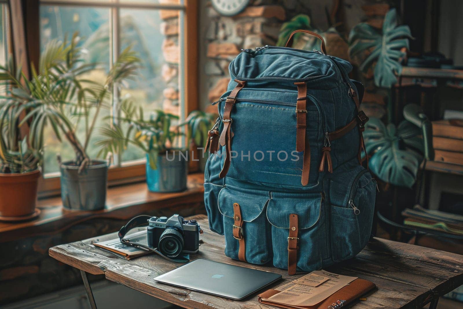 A blue backpack with a map of the world on it sits on a desk next to a laptop and a camera