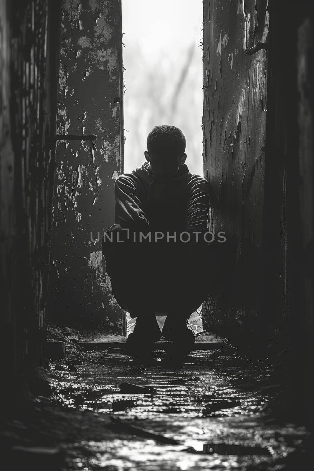 A sad young man sitting on the floor. Post-Traumatic Stress Disorder Awareness Day.