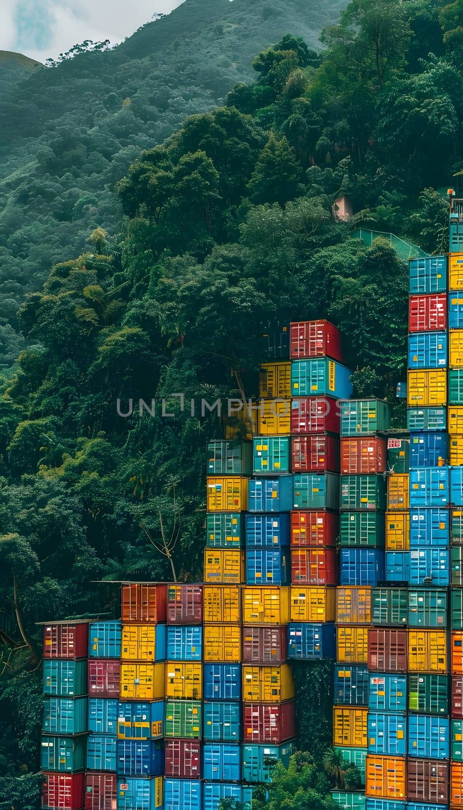 A rectangular stack of vibrant shipping containers resembling a modern art piece on a hill, adding a pop of color to the urban design of the landscape