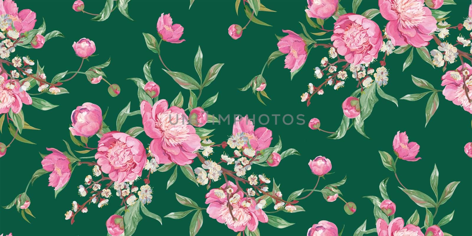 Seamless realistic pattern drawn with pink peonies in a classic oriental style by MarinaVoyush