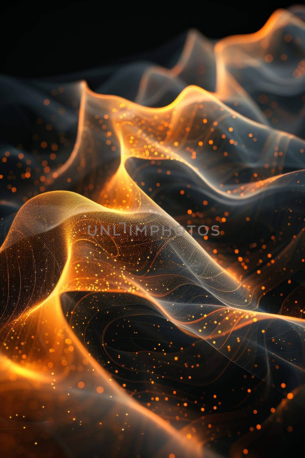 Abstract shiny design element in the form of golden wavy lines on a black background.