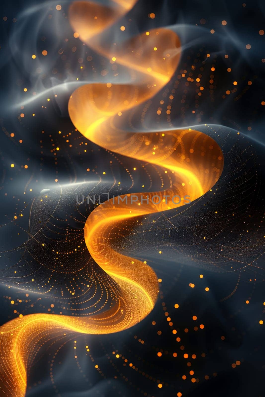 Abstract shiny design element in the form of golden wavy lines on a black background.