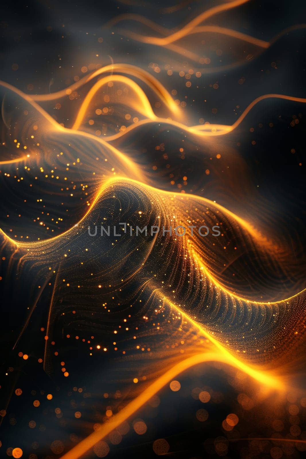 Abstract shiny gold wave design element with glitter effect on a black background.
