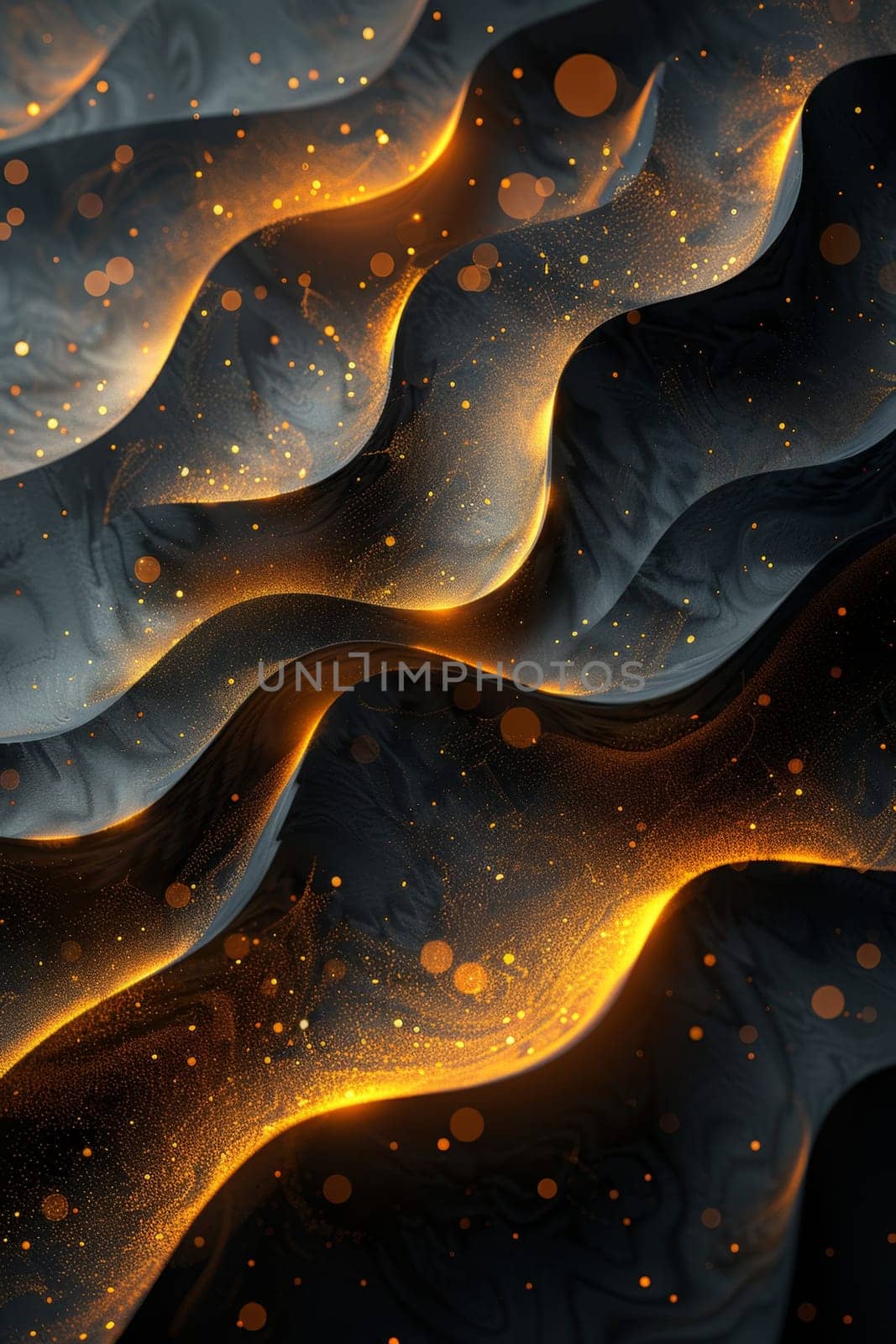 Abstract shiny design element in the form of golden wavy lines on a black background.