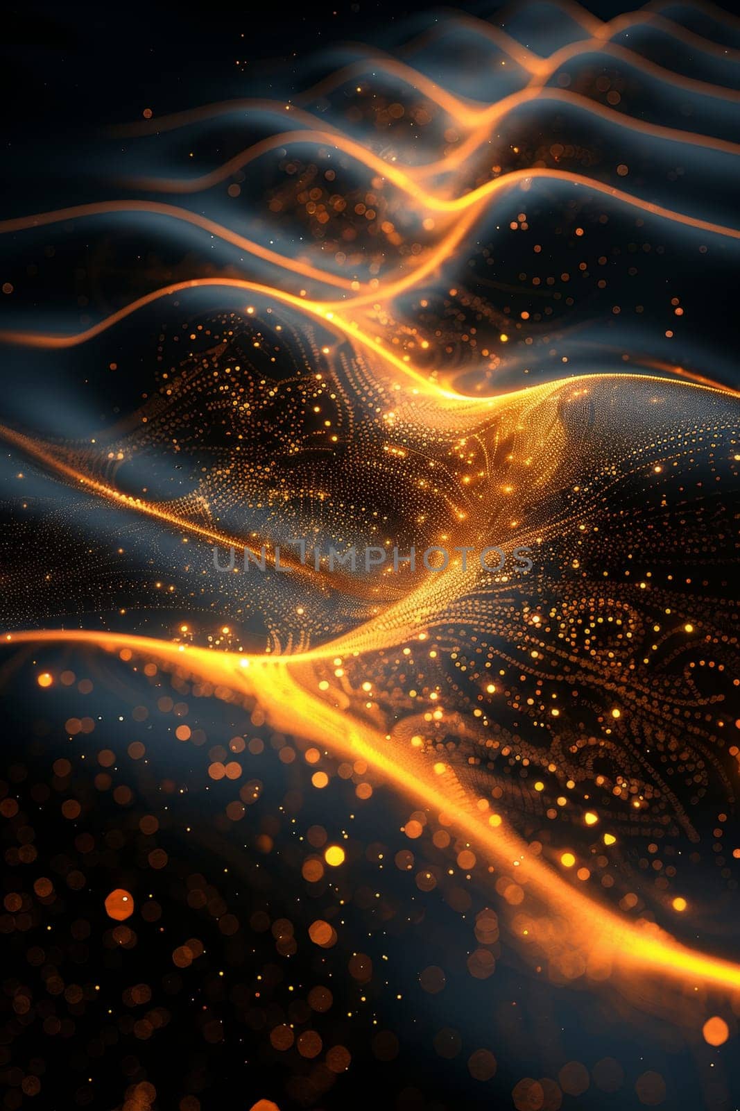 Abstract shiny design element in the form of golden wavy lines on a black background by Lobachad