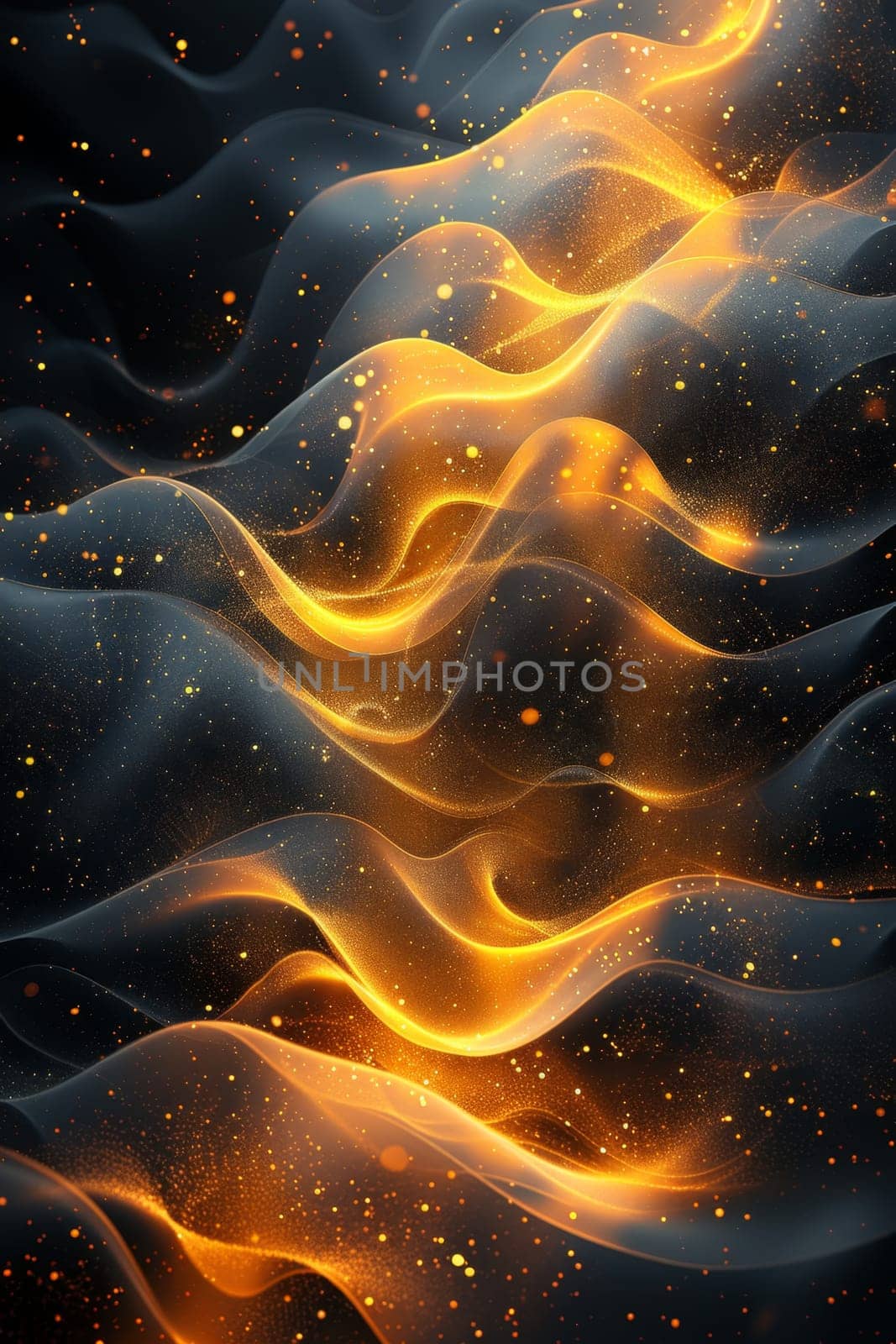 Abstract shiny gold wave design element with glitter effect on a black background by Lobachad