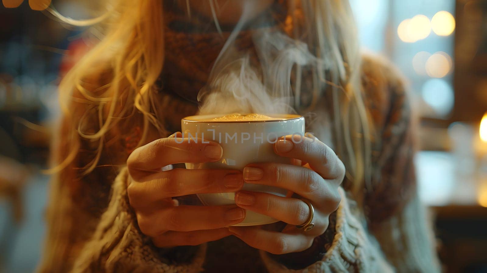 Woman with layered hair holds a hot coffee in drinkware with her thumb by Nadtochiy