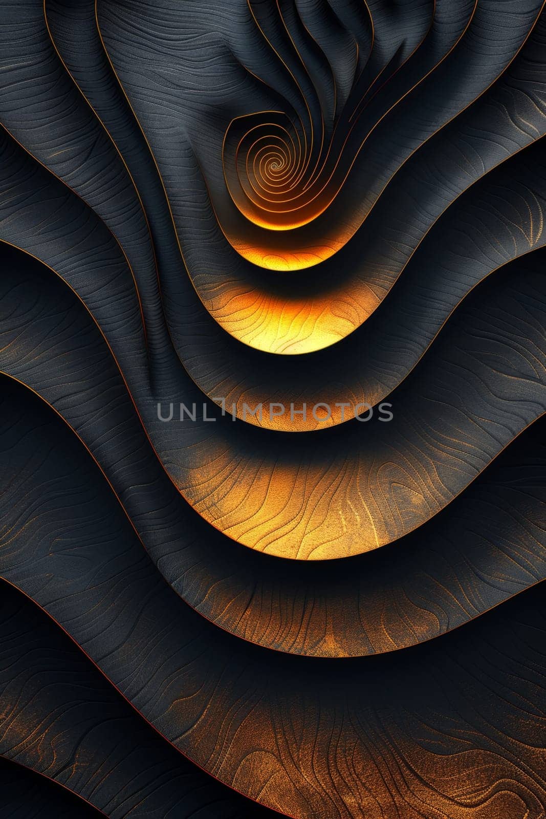 Abstract shiny design element in the form of golden wavy lines on a black background by Lobachad