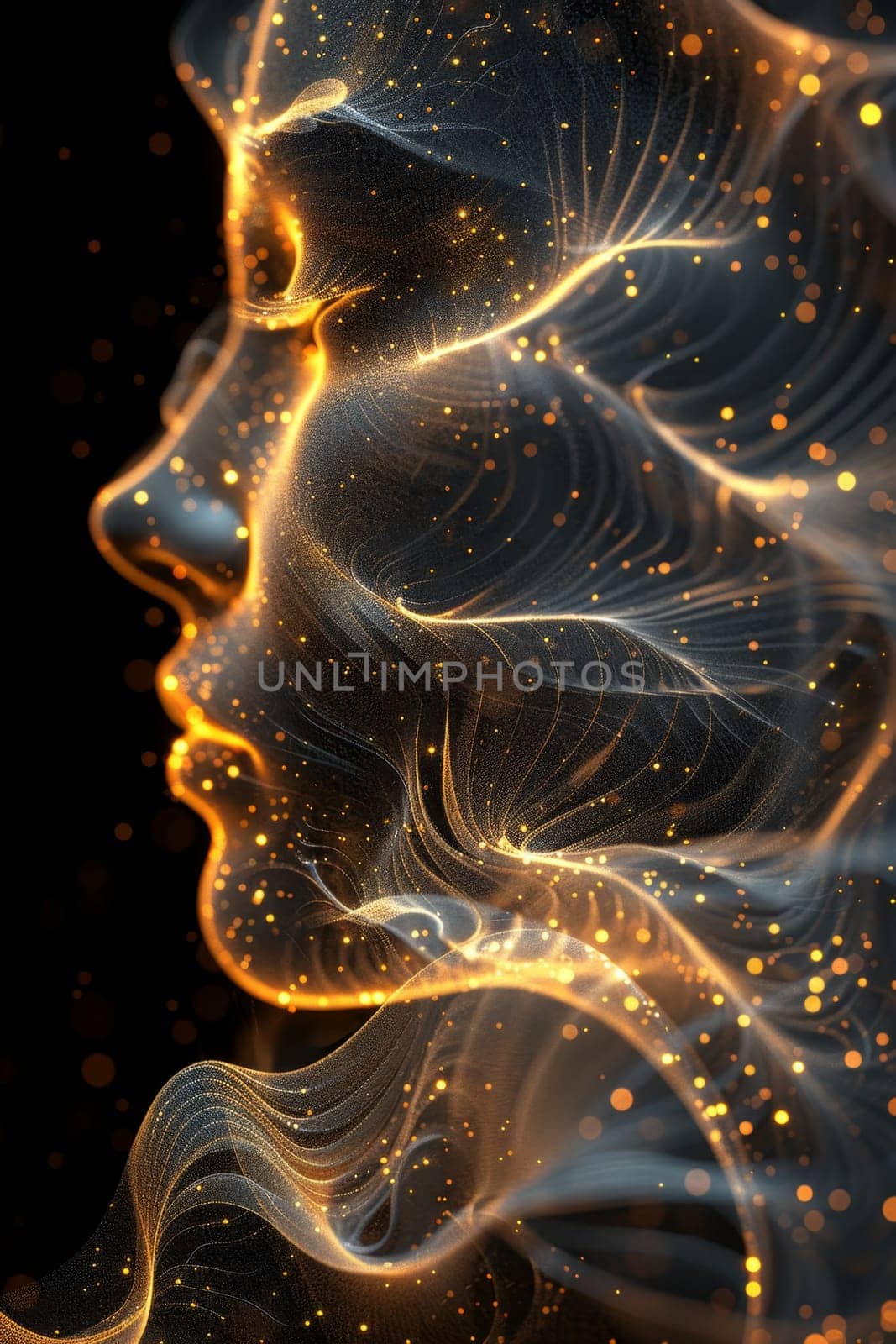 Abstract shiny design element in the form of golden wavy lines and a girl's face on a black background.