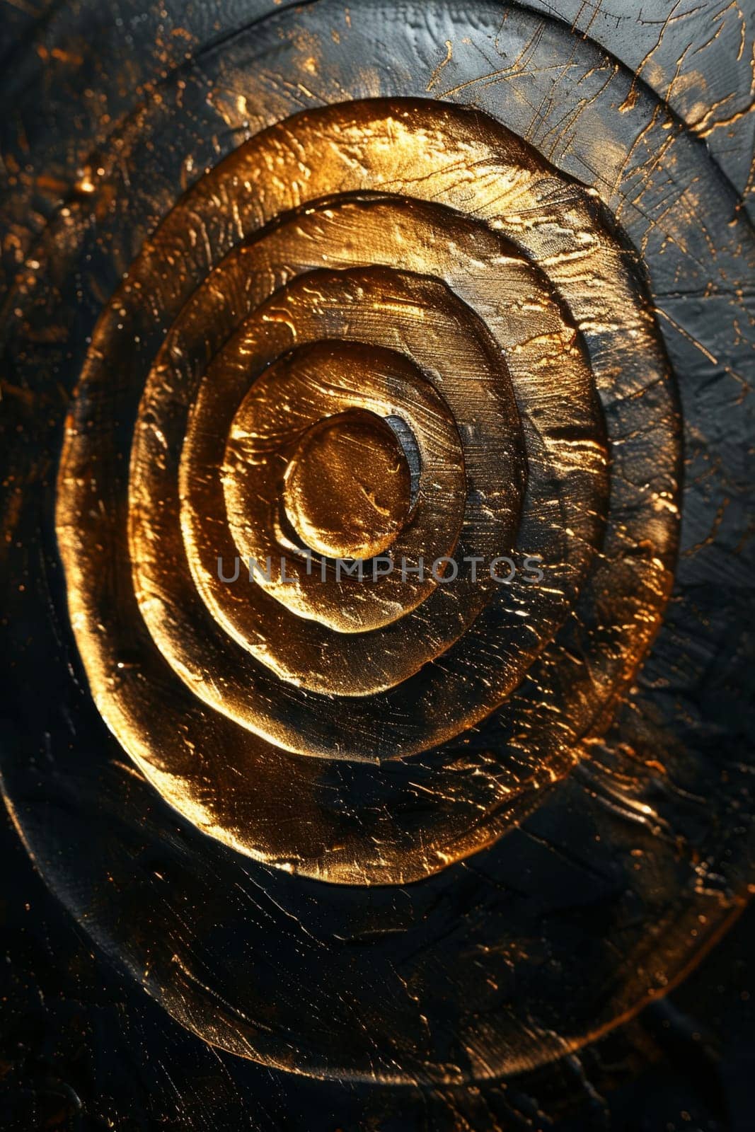 Abstract shiny design element in the form of golden circular lines on a black background.