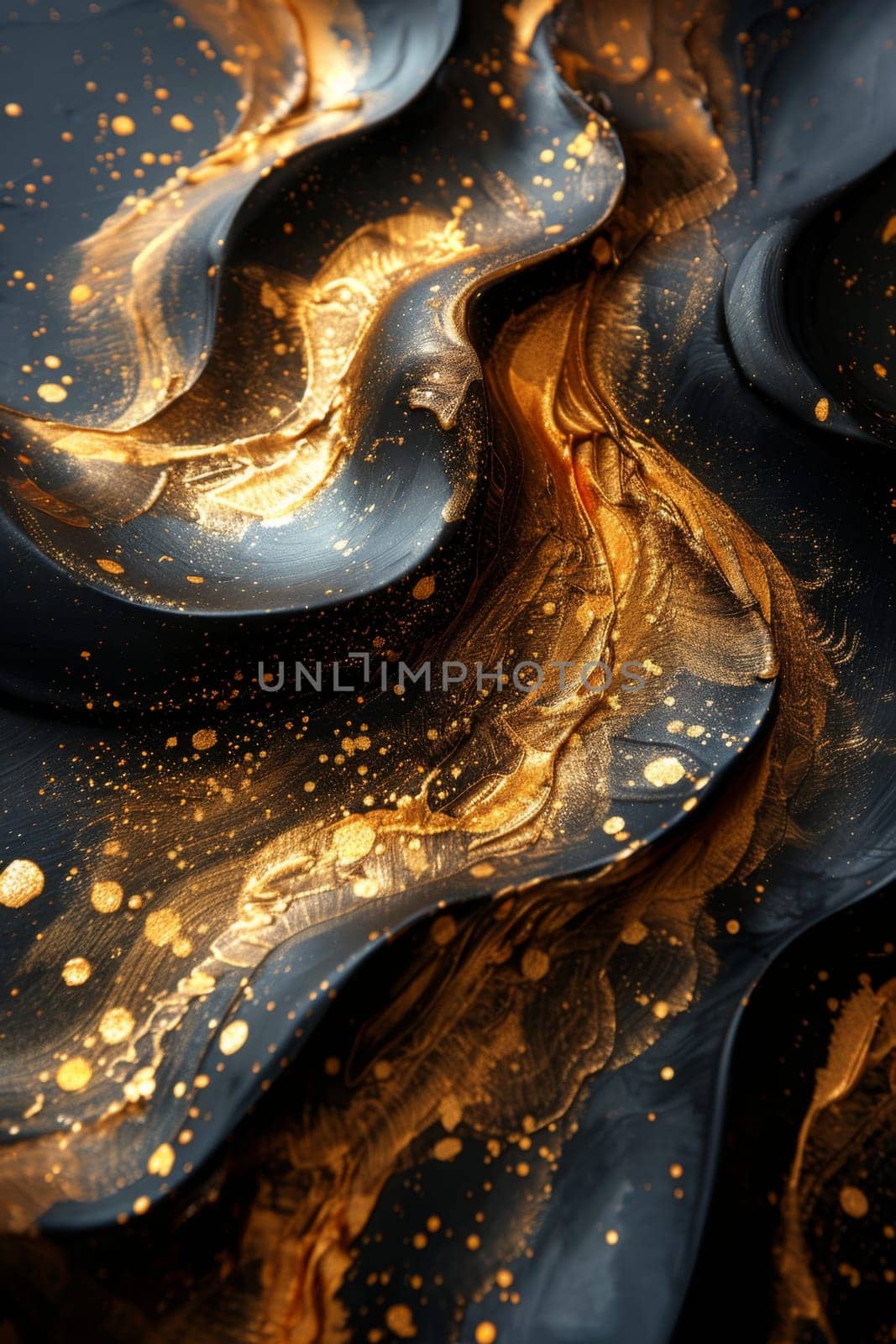 Abstract shiny design element in the form of golden wavy lines on a black background by Lobachad