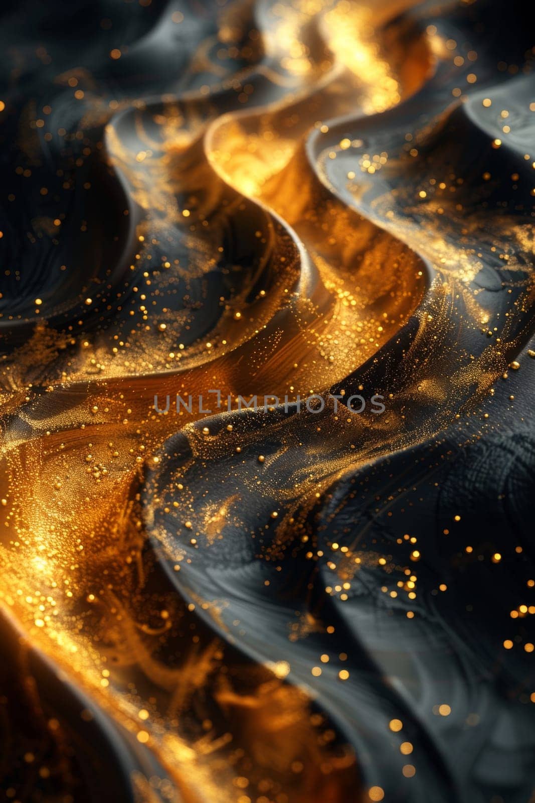 Abstract shiny design element in the form of golden wavy lines on a black background by Lobachad