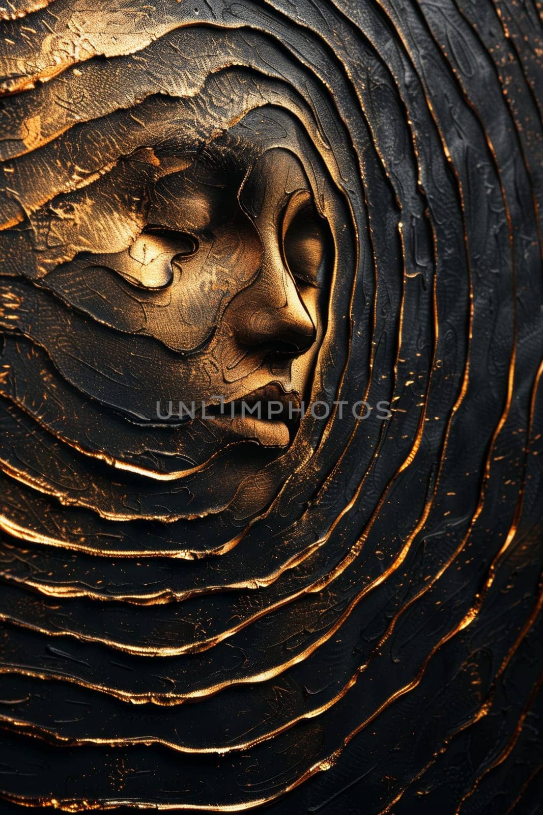 Abstract shiny design element in the form of golden wavy lines and a girl's face on a black background by Lobachad