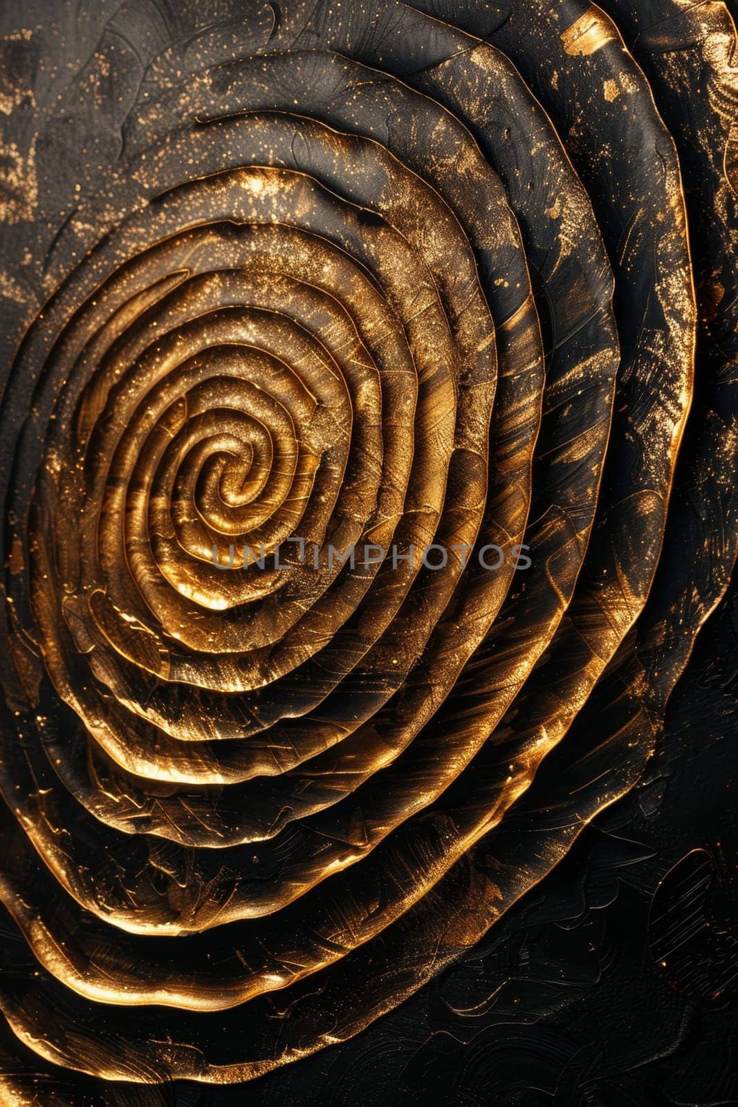 Abstract shiny design element in the form of golden circular lines on a black background.