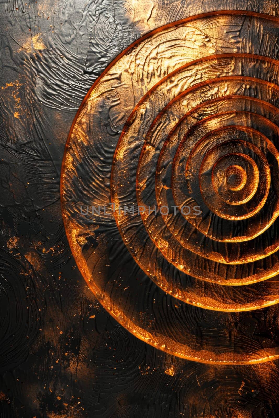 Abstract shiny design element in the form of golden circular lines on a black background.