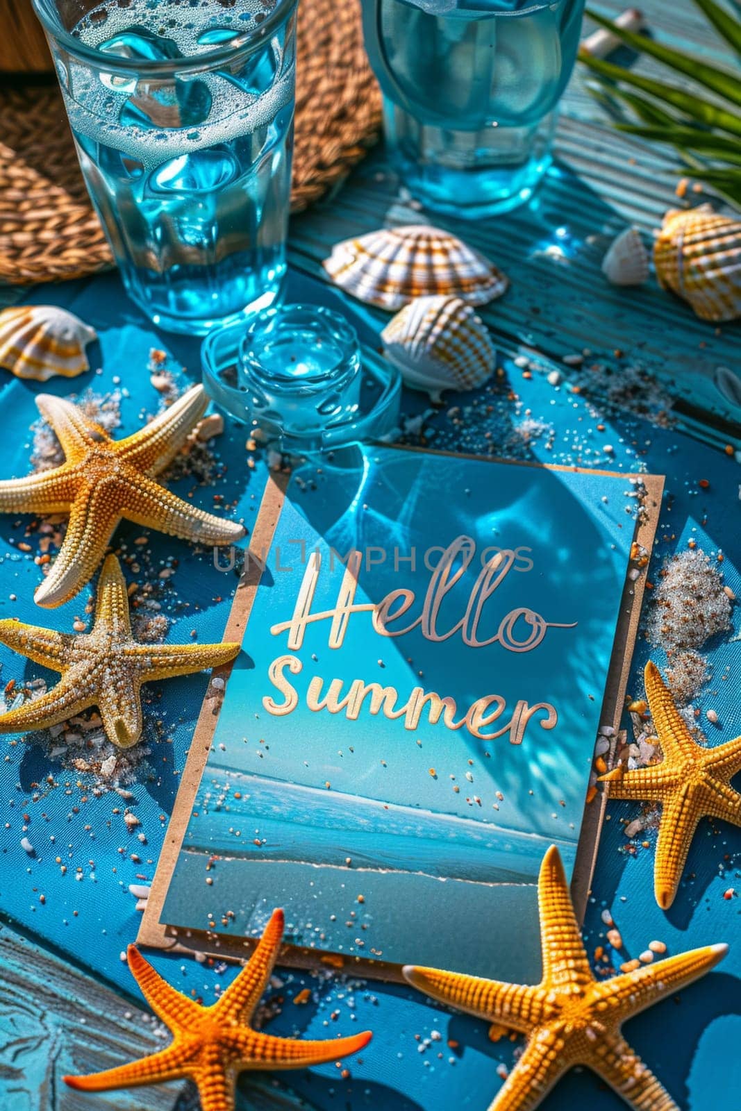 A sunny beach with stars and objects for summer holidays. postcard. The inscription on the postcard is Hello summer.